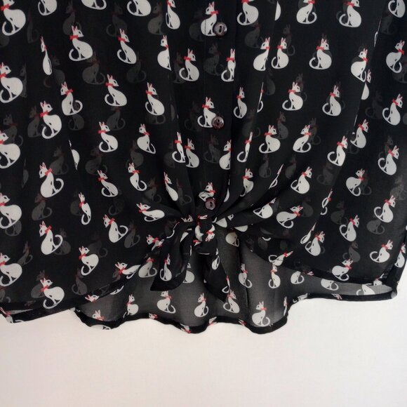 American Rag Cie Black & White Sheer Kitty Cat Print Blouse - Picture 4 of 7